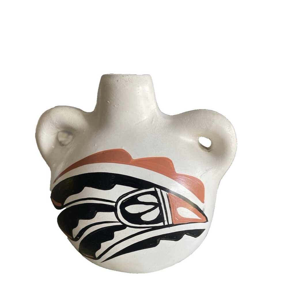 VINTAGE ORIGINAL ACOMA NM PUEBLO POTTERY CANTEEN 4 1/2" TALL SIGNED KOYOTE